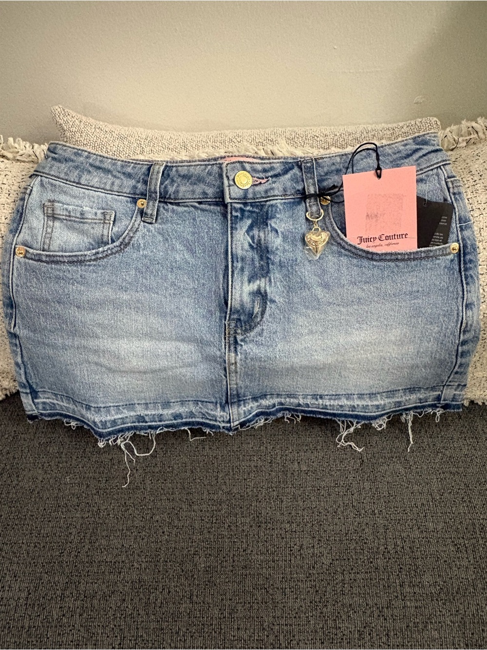 Juicy Couture Light Wash Denim Mini Skirt with Heart Charm